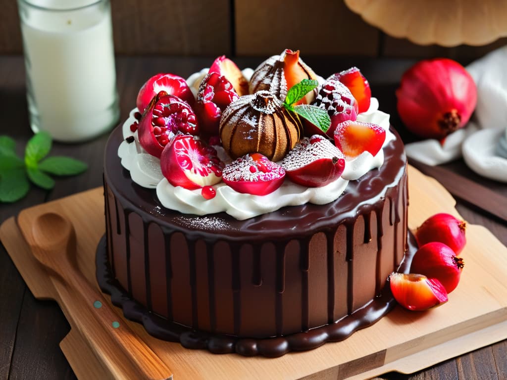  A highresolution, photorealistic image of a decadent pomegranate chocolate cake topped with fresh pomegranate arils and drizzled with rich chocolate ganache. The cake sits on a rustic wooden table, surrounded by scattered pomegranate fruits and vibrant green mint leaves, creating a visually appealing and mouthwatering dessert scene. The focus is on the intricate details of the glossy ganache, the juicy pomegranate seeds, and the moist, fluffy cake layers, showcasing the indulgent and nutritious qualities of pomegranate in desserts. hyperrealistic, full body, detailed clothing, highly detailed, cinematic lighting, stunningly beautiful, intricate, sharp focus, f/1. 8, 85mm, (centered image composition), (professionally color graded), ((bright soft diffused light)), volumetric fog, trending on instagram, trending on tumblr, HDR 4K, 8K