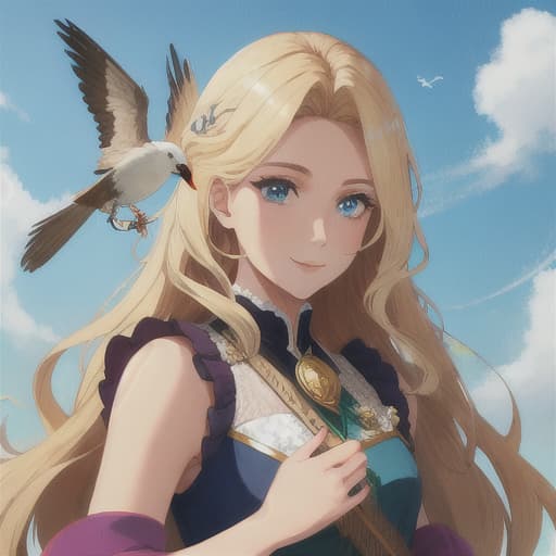  a beautiful lady with perfect face blond hair facing a flying sparrow unreal high quality