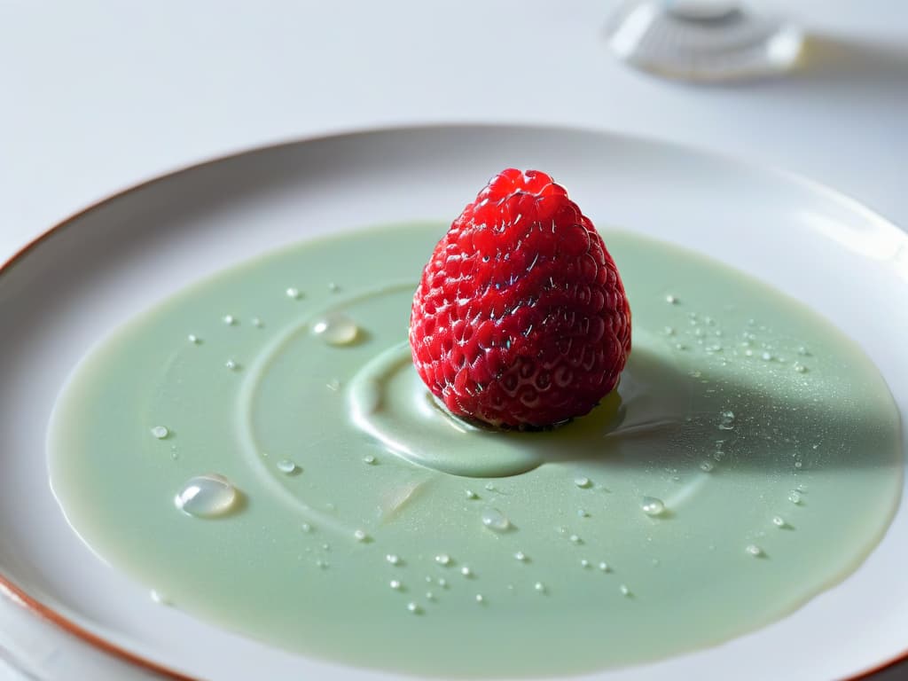  A closeup, ultrahighresolution image of a single perfect, glossy raspberry resting delicately on a pristine white plate, with subtle natural light casting a soft shadow beneath it. The raspberry is impeccably fresh, with tiny dew droplets glistening on its deeply hued skin, emphasizing its natural beauty and exquisite quality. The image captures the essence of minimalism and quality, showcasing the simple yet luxurious nature of key ingredients in minimalist desserts. hyperrealistic, full body, detailed clothing, highly detailed, cinematic lighting, stunningly beautiful, intricate, sharp focus, f/1. 8, 85mm, (centered image composition), (professionally color graded), ((bright soft diffused light)), volumetric fog, trending on instagram, trending on tumblr, HDR 4K, 8K