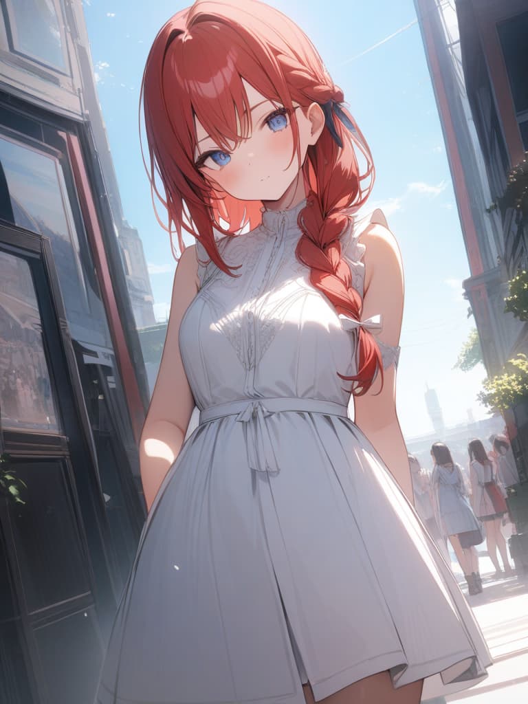  Slim girls, cute, facing this, red hair, braid half up, blue eyes, ribbon cathas, non sleeve dresses, sleeves, hotton face, masterpiece, best quality,8k,ultra detailed,high resolution,an extremely delicate and beautiful,hyper detail