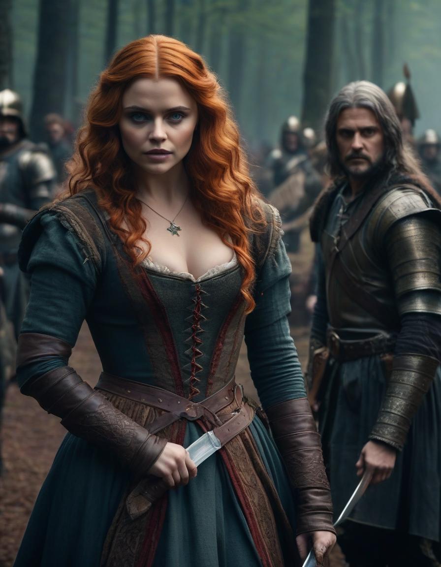  cinematic film still The Tudor era, a tragic frame from the film, the most detailed image, emphasis on faces, Chloe Grace Moretz with light red long curly hair, dressed as Triss Merrigold from the Witcher 3 game, in anger, stabs a mature man standing in front of her with a knife, they are watched by stern armed warriors knights, maximum detail, small details, especially carefully drawn faces and emotions, the strictest compliance with the request, historical costumes are reproduced as accurately as possible, weak dramatic lighting, dirt, heavy rain, dark dense gloomy forest around, . shallow depth of field, vignette, highly detailed, high budget, bokeh, cinemascope, moody, epic, gorgeous, film grain, grainy hyperrealistic, full body, detailed clothing, highly detailed, cinematic lighting, stunningly beautiful, intricate, sharp focus, f/1. 8, 85mm, (centered image composition), (professionally color graded), ((bright soft diffused light)), volumetric fog, trending on instagram, trending on tumblr, HDR 4K, 8K