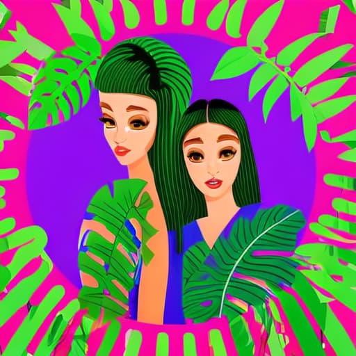 portrait+ style pop art painting of two young space girls catching a big spider in a Brazilian rainforest jungle leaves with Palm Leaves Artificial Tropical Plant Faux Leaves Safari Leaves Faux Monstera Leaves Hawaiian Luau, create each large leaf a vibrate colored and gradient scheme as they leaning over each other in a canopy style effect typical of an untouched Brazilian jungle