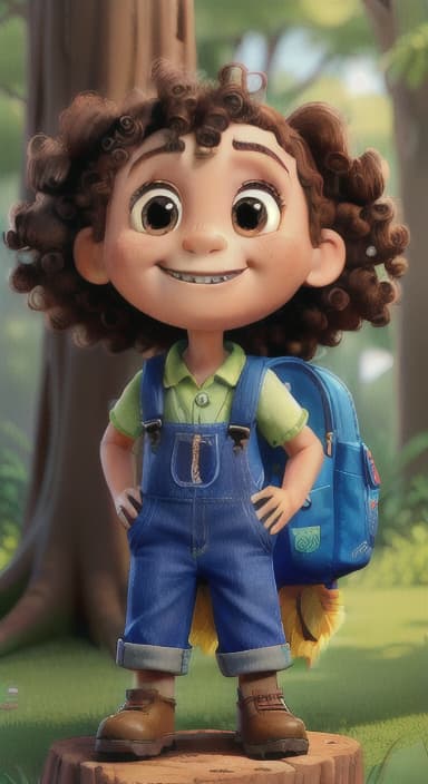  {The tree with a smiling face formed by its bark, looking down at Riley., Riley, a curious with big brown eyes and curly hair, wearing overalls and carrying a small backpack. Their friend, Skye, a bluebird with shiny feathers.