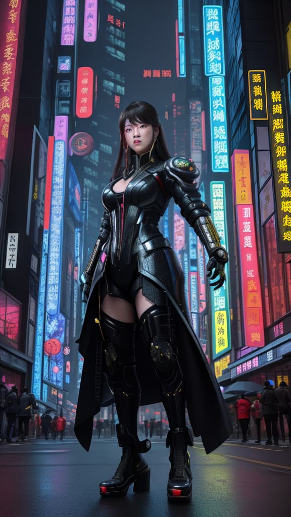  Masterpiece, best quality, masterpiece, 8k resolution, realistic, highly detailed, costume woman Mei Chaofeng. He stands on a street lined with tall buildings in a cyberpunk style city at night. The city's night lights are bright, and the surrounding buildings and streets are full of cyberpunk elements such as neon lights, high-tech equipment and futuristic architectural design.