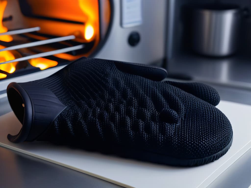  A closeup, ultra highdefinition image of a sleek, black silicone oven glove with a subtle sheen, showcasing its advanced heat protection features. The focus is on the intricate texture of the silicone material and the reinforced stitching, highlighting its durability and reliability for handling hot items in the kitchen. hyperrealistic, full body, detailed clothing, highly detailed, cinematic lighting, stunningly beautiful, intricate, sharp focus, f/1. 8, 85mm, (centered image composition), (professionally color graded), ((bright soft diffused light)), volumetric fog, trending on instagram, trending on tumblr, HDR 4K, 8K