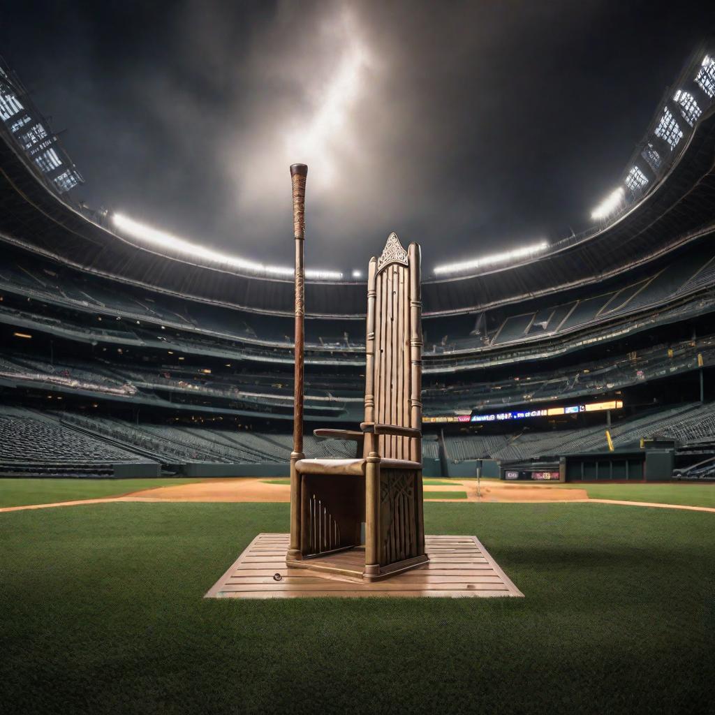  Create an epic throne inspired by Game of Thrones, made out of realistic metal baseball bats, placed in the middle of the infield in a baseball stadium, with dramatic lighting hyperrealistic, full body, detailed clothing, highly detailed, cinematic lighting, stunningly beautiful, intricate, sharp focus, f/1. 8, 85mm, (centered image composition), (professionally color graded), ((bright soft diffused light)), volumetric fog, trending on instagram, trending on tumblr, HDR 4K, 8K