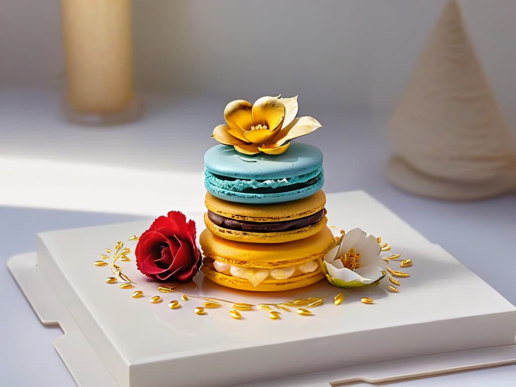  A closeup, ultradetailed image of a delicate, handcrafted dessert served on a sleek, modern plate. The dessert is a colorful macaron tower, featuring intricate layers of pastelhued macarons adorned with edible gold leaf and delicate sugar flowers. The background is softly blurred, emphasizing the precise details of the dessert and creating a sense of luxury and indulgence. hyperrealistic, full body, detailed clothing, highly detailed, cinematic lighting, stunningly beautiful, intricate, sharp focus, f/1. 8, 85mm, (centered image composition), (professionally color graded), ((bright soft diffused light)), volumetric fog, trending on instagram, trending on tumblr, HDR 4K, 8K