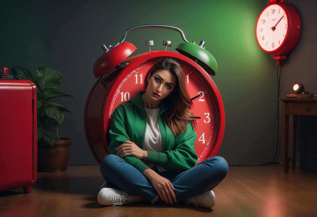  A girl with green eyes is sitting on the floor, hugging a huge red alarm clock. hyperrealistic, full body, detailed clothing, highly detailed, cinematic lighting, stunningly beautiful, intricate, sharp focus, f/1. 8, 85mm, (centered image composition), (professionally color graded), ((bright soft diffused light)), volumetric fog, trending on instagram, trending on tumblr, HDR 4K, 8K