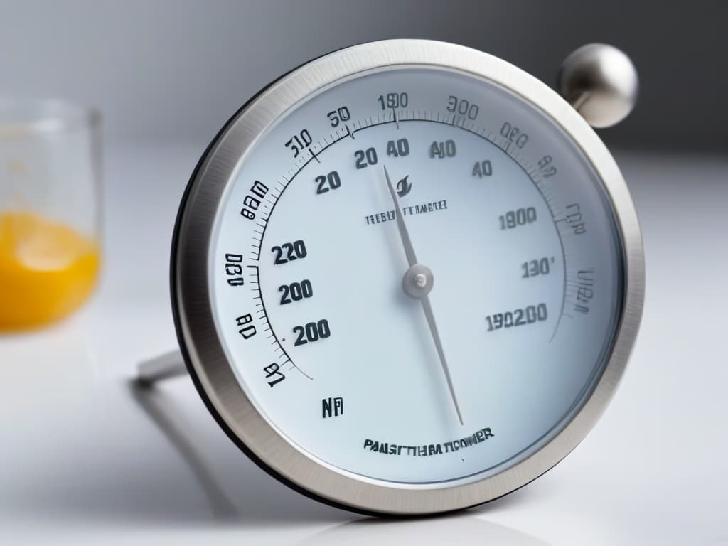  An ultradetailed closeup image of a sleek, modern digital sugar thermometer with a stainless steel probe, displaying a precise temperature reading of 121°C against a white background. The numbers on the display are sharp and clear, reflecting the professionalism and accuracy required in the art of sugar work. The design is minimalistic, emphasizing the importance of precision and reliability in the tools of a professional pastry chef. hyperrealistic, full body, detailed clothing, highly detailed, cinematic lighting, stunningly beautiful, intricate, sharp focus, f/1. 8, 85mm, (centered image composition), (professionally color graded), ((bright soft diffused light)), volumetric fog, trending on instagram, trending on tumblr, HDR 4K, 8K