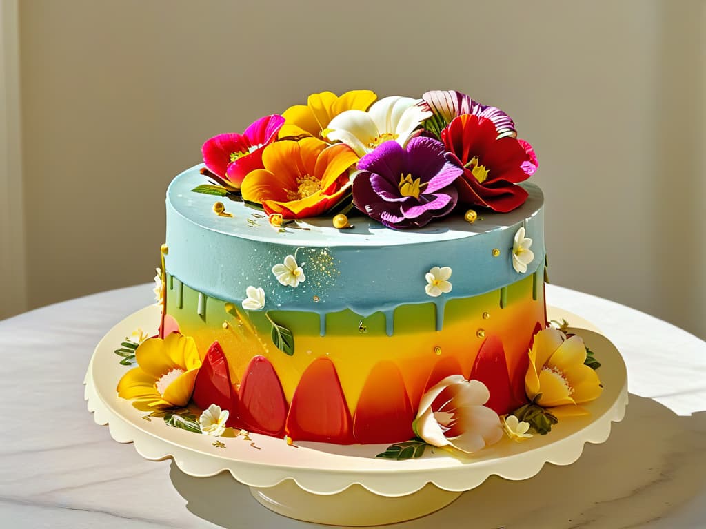  An ultradetailed closeup image of a vibrant rainbow layer cake with each colorful layer perfectly visible, topped with a smooth and glossy white frosting, decorated with delicate edible flowers and gold dust sprinkles, placed on a sleek, modern marble cake stand under soft, natural lighting. hyperrealistic, full body, detailed clothing, highly detailed, cinematic lighting, stunningly beautiful, intricate, sharp focus, f/1. 8, 85mm, (centered image composition), (professionally color graded), ((bright soft diffused light)), volumetric fog, trending on instagram, trending on tumblr, HDR 4K, 8K