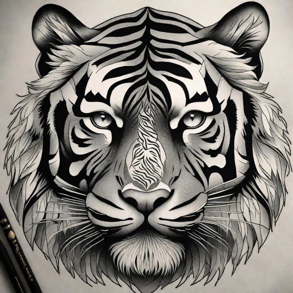  masterpiece, best quality,A bold tattoo featuring a black and white tiger, its intense gaze piercing through with lifelike intricacies in the stripes.,