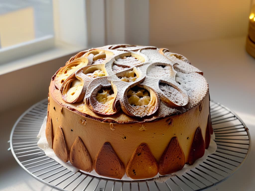  A closeup, ultradetailed image of a freshly baked homemade Panettone cooling on a wire rack, with a light dusting of powdered sugar on top glistening in the soft natural light filtering through a nearby window. The texture of the Panettone's goldenbrown crust is highlighted, showcasing the intricate patterns created during the baking process, while the fluffy interior dotted with candied fruits peeks through a sliced section, emitting a warm, inviting aroma. hyperrealistic, full body, detailed clothing, highly detailed, cinematic lighting, stunningly beautiful, intricate, sharp focus, f/1. 8, 85mm, (centered image composition), (professionally color graded), ((bright soft diffused light)), volumetric fog, trending on instagram, trending on tumblr, HDR 4K, 8K