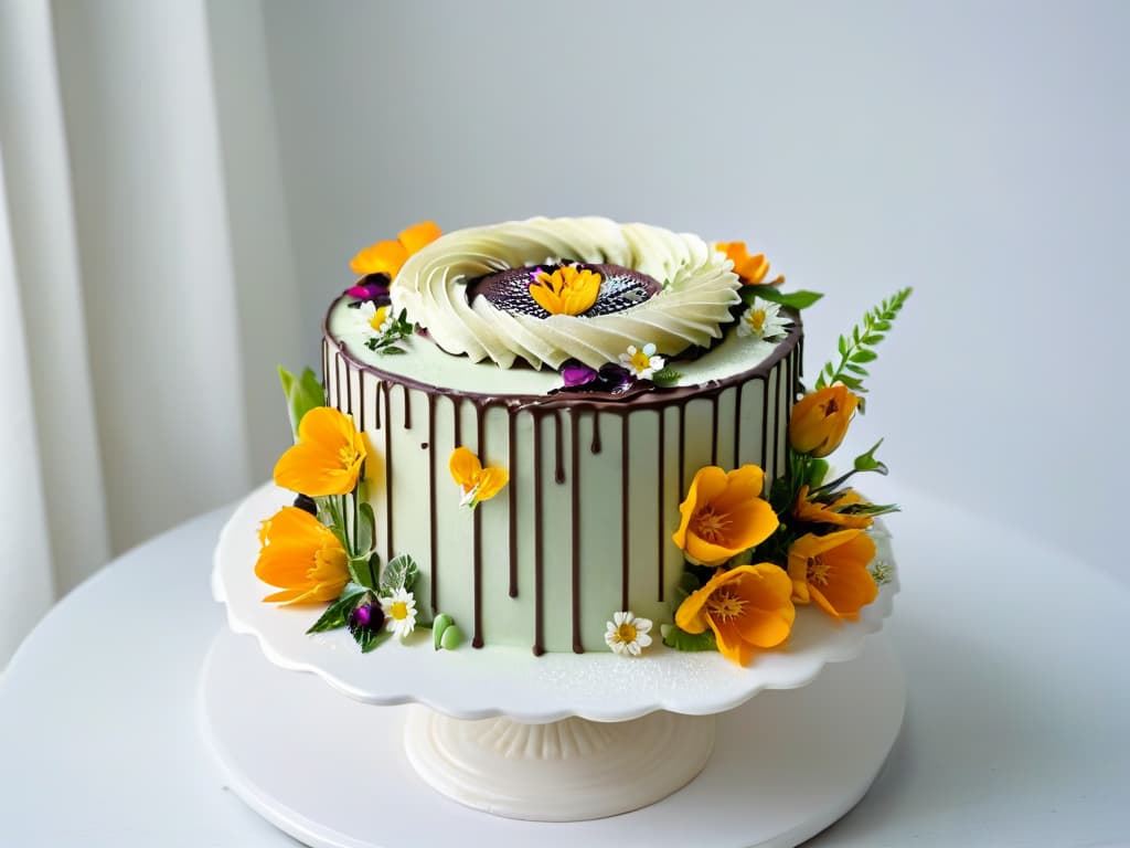  An intricately decorated vegan organic cake, adorned with vibrant edible flowers and delicate swirls of frosting, set on a simple white ceramic cake stand against a backdrop of lush green foliage. The cake's layers are visible, showcasing a rich chocolate sponge contrasted with layers of creamy vanilla frosting, exuding an air of elegance and decadence perfect for a sophisticated vegan dessert. hyperrealistic, full body, detailed clothing, highly detailed, cinematic lighting, stunningly beautiful, intricate, sharp focus, f/1. 8, 85mm, (centered image composition), (professionally color graded), ((bright soft diffused light)), volumetric fog, trending on instagram, trending on tumblr, HDR 4K, 8K