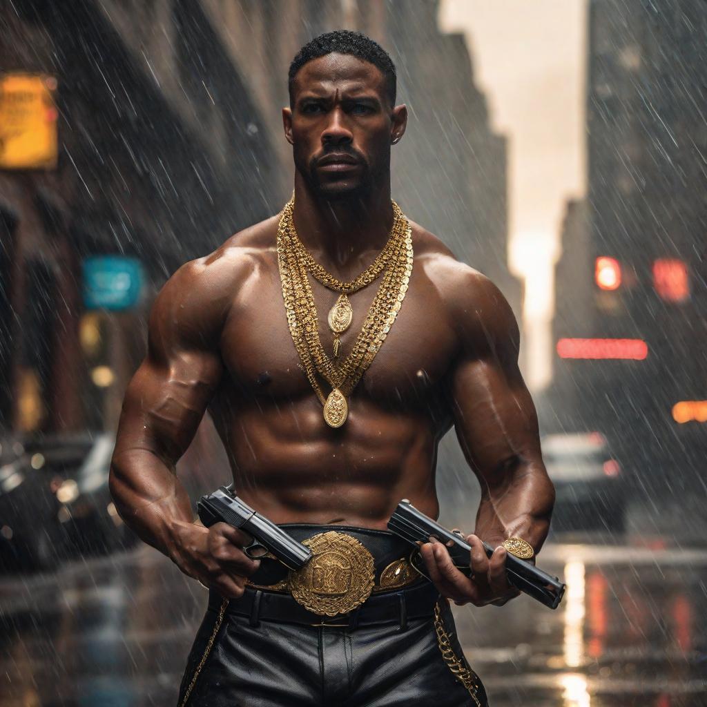  extremely muscular young black man wearing excessive gold-jewelry standing (topless) in a city-street in the rain. His arm is stretched-out (outstretched) as he holds a handgun (aiming the pistol-gun), wide-shot, Style: cinematic, landscape. Wideshot,. Dramatic. hyperrealistic, full body, detailed clothing, highly detailed, cinematic lighting, stunningly beautiful, intricate, sharp focus, f/1. 8, 85mm, (centered image composition), (professionally color graded), ((bright soft diffused light)), volumetric fog, trending on instagram, trending on tumblr, HDR 4K, 8K