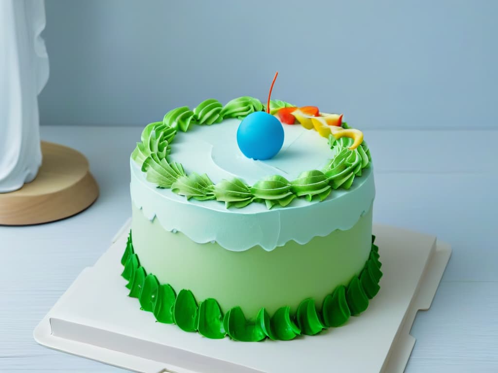  A highresolution image of a beautifully decorated themed cake display featuring intricate details such as fondant sculptures of popular characters, perfectly piped frosting designs, and vibrant colors that pop against a clean, minimalistic background. hyperrealistic, full body, detailed clothing, highly detailed, cinematic lighting, stunningly beautiful, intricate, sharp focus, f/1. 8, 85mm, (centered image composition), (professionally color graded), ((bright soft diffused light)), volumetric fog, trending on instagram, trending on tumblr, HDR 4K, 8K