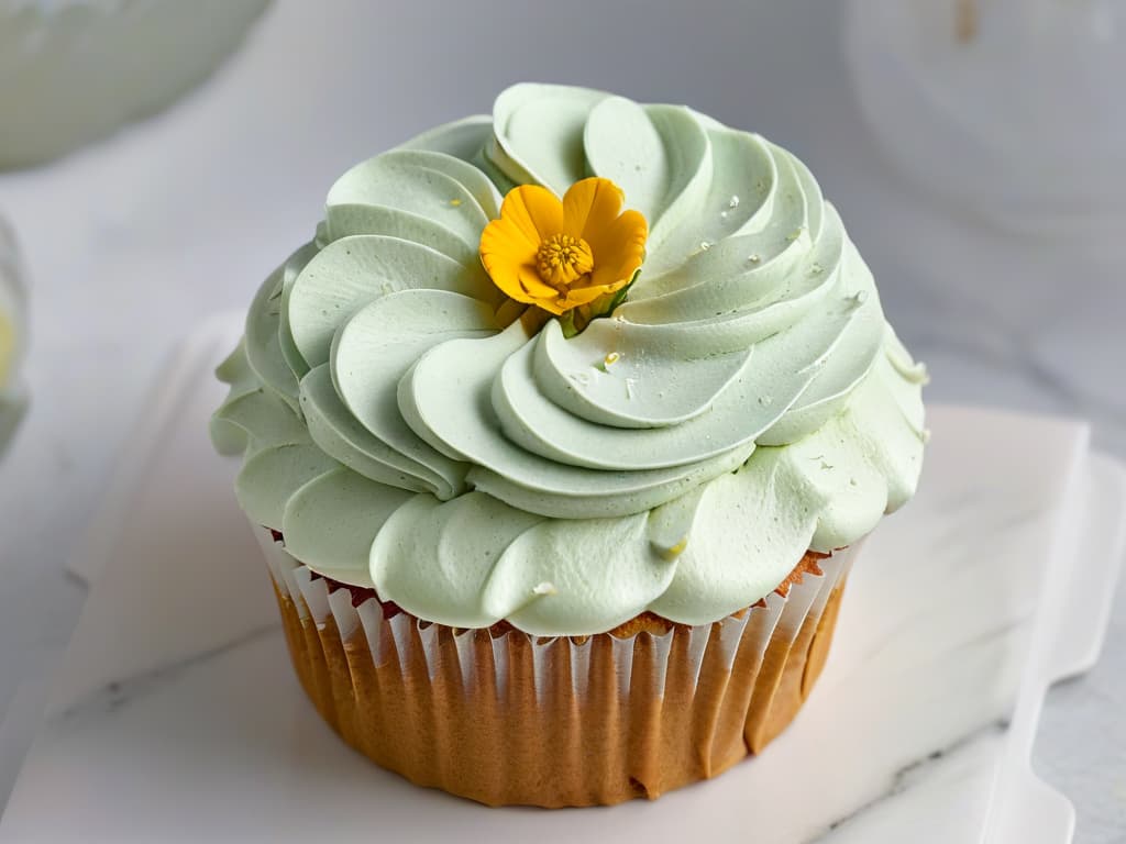  An ultradetailed closeup image of a perfectly frosted glutenfree cupcake, adorned with delicate edible flowers and a dusting of gold flakes, set on a marble countertop. The frosting is piped in intricate swirls, showcasing a variety of textures, and the vibrant colors of the flowers contrast beautifully with the neutral tones of the marble. The image captures the meticulous craftsmanship and artistry involved in glutenfree baking, appealing to the reader's senses and highlighting the elegance of the final product. hyperrealistic, full body, detailed clothing, highly detailed, cinematic lighting, stunningly beautiful, intricate, sharp focus, f/1. 8, 85mm, (centered image composition), (professionally color graded), ((bright soft diffused light)), volumetric fog, trending on instagram, trending on tumblr, HDR 4K, 8K