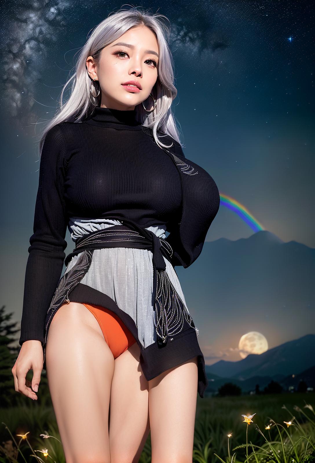  Highest quality, 4K, high resolution, realistic, night sky, moon, star, beautiful woman, full time smile, big eyes, plump breasts, narrow waist, outstanding style, narrow ankle, wide landscape photo , Light Silver colored hair, (seen from below, the sky is above, and the open field is below), a beautiful woman standing up in the flower garden, (full moon: 1.2), (meteor: 0.9), (star cloud : 1.3), distant mountains, trees destroy art, (warm light: 1.2), (fireflies: 1.2), light, purple and orange, complex details, volumetric lighting break (masterpiece: 1.2), (( Maximum quality), 4K, super detail, (dynamic configuration: 1.4), rich colors, (rainbow color: 1.2), (shine, lighting with atmosphere), dreamy, magic, (alone : 1.2), (Masterpiece, B