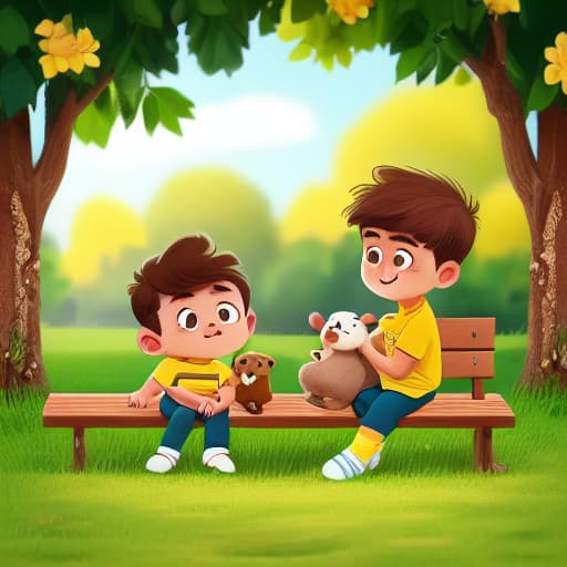  a boy with short brown hair, yellow shirt, green pants is sitting on a bench, a bear standing