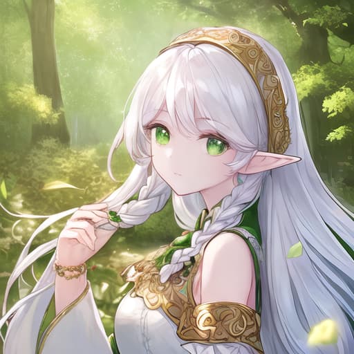  (Masterpiece, Best Quality, High Quality, High Level, Super Detail), Realism, 1 Sweet Girl, Bigger,(Side Braids: 1.1), Long Hair,((White Hair)), Leaf Hair Accessories, Elves, Green Eyes, Pale Skin, Bare Shoulder, Jewel, White Dress,(Detached Sleeve: 1.1), Bracelet,(Eyes Off: 1.2),(Hair Floats: 1.3), From Side,(In Forest: 1.3),(Right Lens Spot: 1.2），