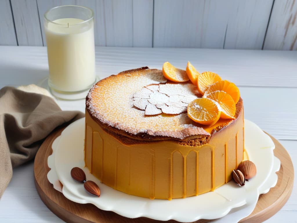  A minimalistic image of a freshly baked orange and almond cake sitting on a rustic wooden table, showcasing a goldenbrown crust with sliced almonds scattered on top. The cake is perfectly moist and aromatic, emitting a tantalizing citrus scent. Rays of sunlight filter through a nearby window, casting a soft, warm glow on the cake and highlighting its texture. The simple yet elegant presentation conveys a sense of homemade perfection and culinary delight, making it an ideal visual representation for the article on orange and almond cake. hyperrealistic, full body, detailed clothing, highly detailed, cinematic lighting, stunningly beautiful, intricate, sharp focus, f/1. 8, 85mm, (centered image composition), (professionally color graded), ((bright soft diffused light)), volumetric fog, trending on instagram, trending on tumblr, HDR 4K, 8K