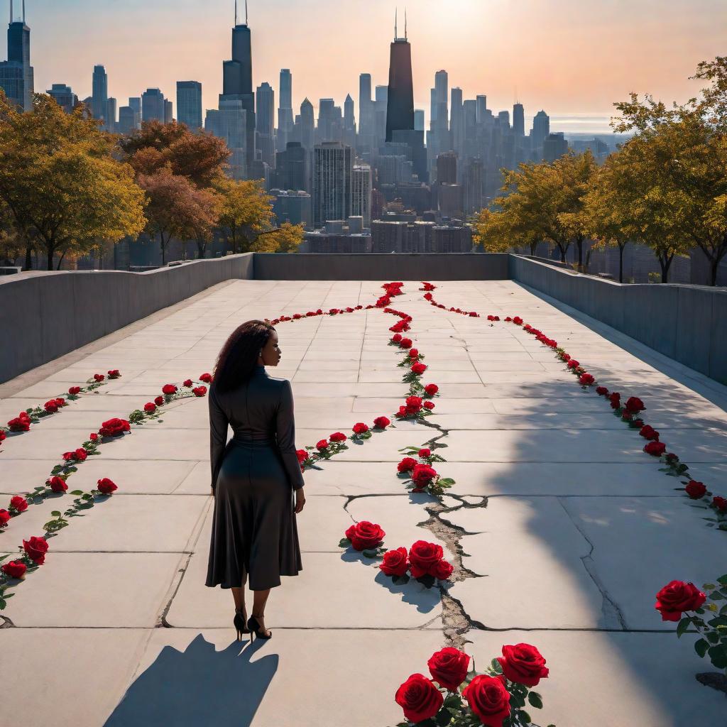  A cracked concrete ground with a black woman’s silhouette. The top part of the silhouette is a beautiful, colorful rose. The setting is a sunny day in Chicago with clear blue skies and the cityscape in the background. hyperrealistic, full body, detailed clothing, highly detailed, cinematic lighting, stunningly beautiful, intricate, sharp focus, f/1. 8, 85mm, (centered image composition), (professionally color graded), ((bright soft diffused light)), volumetric fog, trending on instagram, trending on tumblr, HDR 4K, 8K