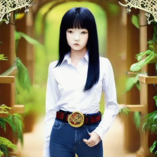  oriental girl cut with scissors long black hair she in dark deep blue jeans whith belt and classic white shirt nature east ornament