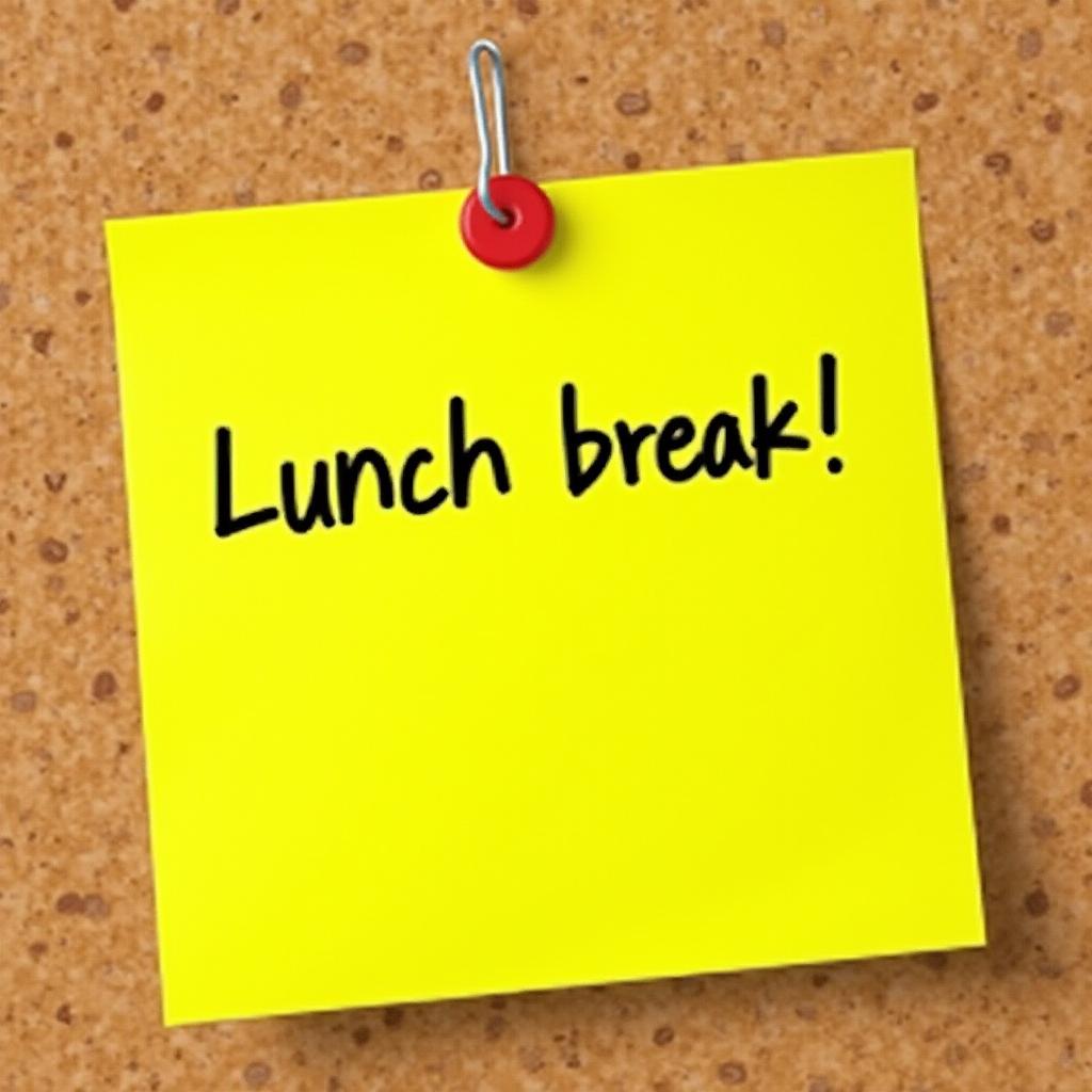  good quality, high quality, bright yellow sticky note with "lunch break!" message pinned on corkboard background