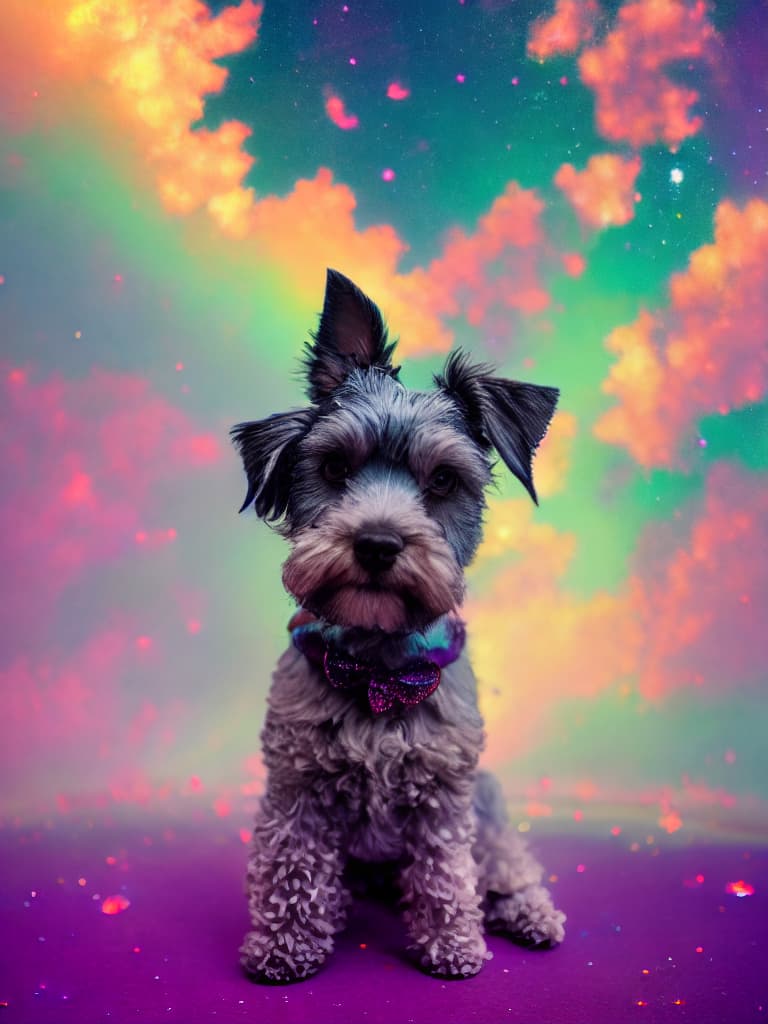  galaxy environment, Capturing A whimsical, a Miniature Schnauzer, winter spring wind rainbow a sprinkle of edible glitter in an unopenable dream magical jar, trippy, 8k, vivid, ultra detalis, colorfull lighting, surreal photography, portrait,  hyperrealistic, full body, detailed clothing, highly detailed, cinematic lighting, stunningly beautiful, intricate, sharp focus, f/1. 8, 85mm, (centered image composition), (professionally color graded), ((bright soft diffused light)), volumetric fog, trending on instagram, trending on tumblr, HDR 4K, 8K