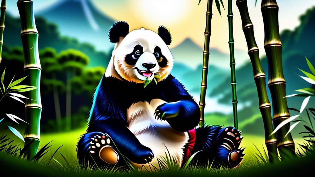  An animated panda sitting happily on a peaceful meadow, its sixth thumb wrapping around a bamboo stick.  , ((realistic)), ((masterpiece)), focus on detailed clothing and atmosphere of the surroundings. Soft and natural lights.