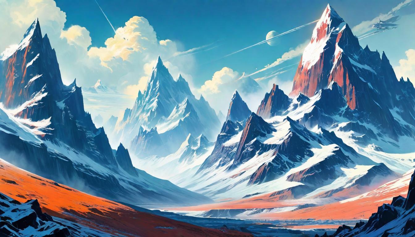  retro futuristic Rugged mountains, their peaks fortified by the relentless winds and snow, standing resilient, testament to spirit, natural fortress, resilience personified, enduring strength. lvintage sci fi, 50s and 60s style, atomic age, vibrant, highly detailed