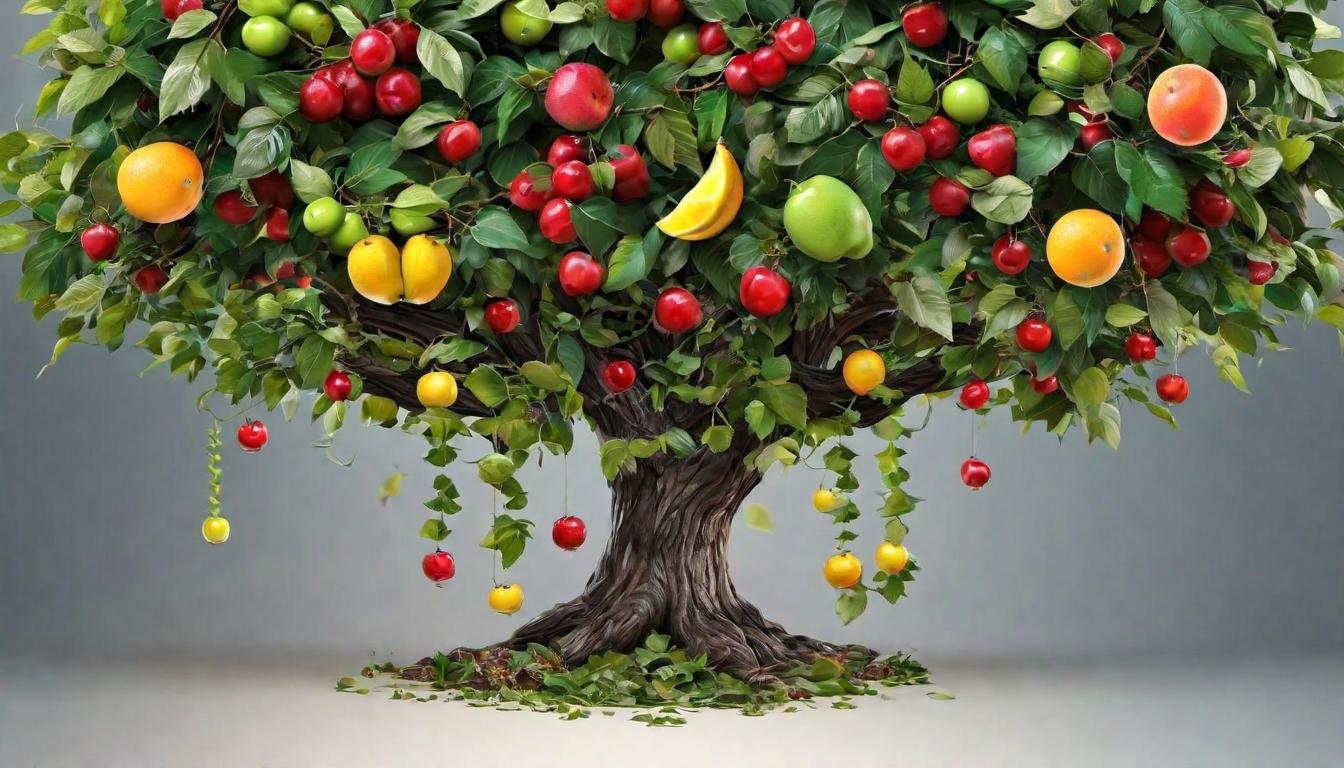  digital illustration, A tree bearing fruit, surrounded by symbols of community and cooperation, signs of well being and prosperity, looking at viewer, dynamic pose, (intricate details, masterpiece, best quality)