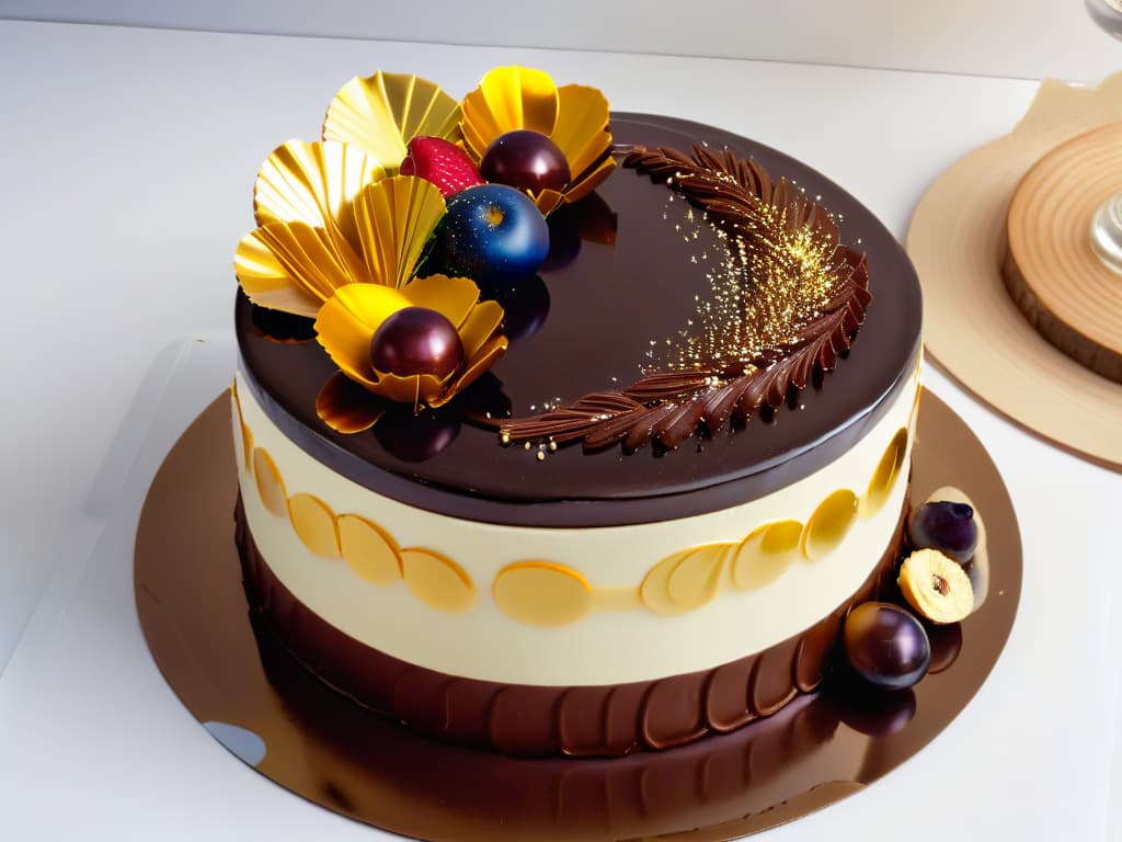  A closeup, ultradetailed image of a delicate, modern entremet cake featuring intricate layers of vibrant mirror glaze, glossy chocolate decorations, and shimmering gold leaf accents. The cake is displayed on a sleek, minimalist white plate, set against a softfocus background to emphasize its exquisite design and elegant presentation. hyperrealistic, full body, detailed clothing, highly detailed, cinematic lighting, stunningly beautiful, intricate, sharp focus, f/1. 8, 85mm, (centered image composition), (professionally color graded), ((bright soft diffused light)), volumetric fog, trending on instagram, trending on tumblr, HDR 4K, 8K