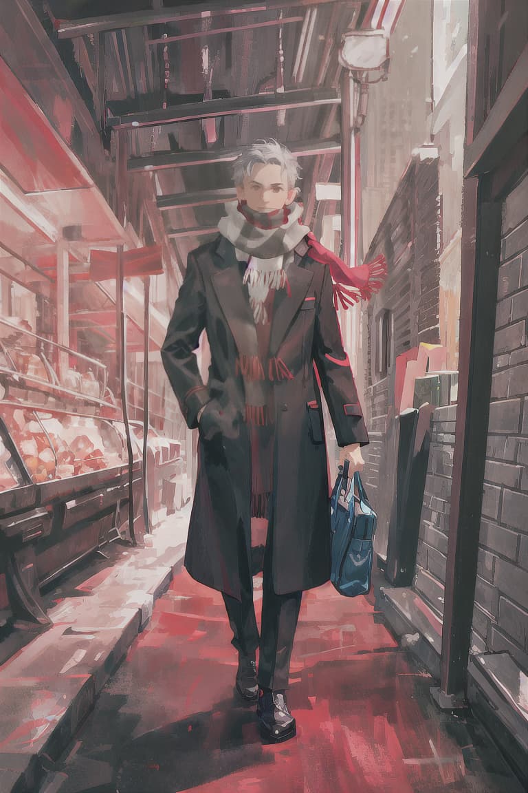  master piece , best quality,Gray hair, male, red scarf, long black coat, adventurer