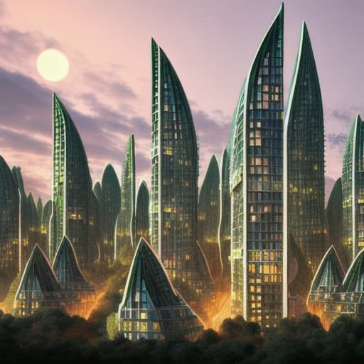  a post-modern elven forest city at dusk