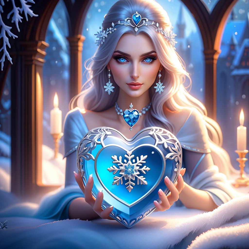  ethereal fantasy concept art of In the foreground in a frame in the form of a fantasy heart. (Inside the frame): there is a crystal vase with snowflake flowers, there is an envelope with a blue sealing wax seal, there is a handbag. (Ladies handbag design):colour silver grey, embroidered with white and blue snowflakes and decorated with a silver decorative chain, and a clasp in the form of two ice flakes. . magnificent, celestial, ethereal, painterly, epic, majestic, magical, fantasy art, cover art, dreamy hyperrealistic, full body, detailed clothing, highly detailed, cinematic lighting, stunningly beautiful, intricate, sharp focus, f/1. 8, 85mm, (centered image composition), (professionally color graded), ((bright soft diffused light)), volumetric fog, trending on instagram, trending on tumblr, HDR 4K, 8K