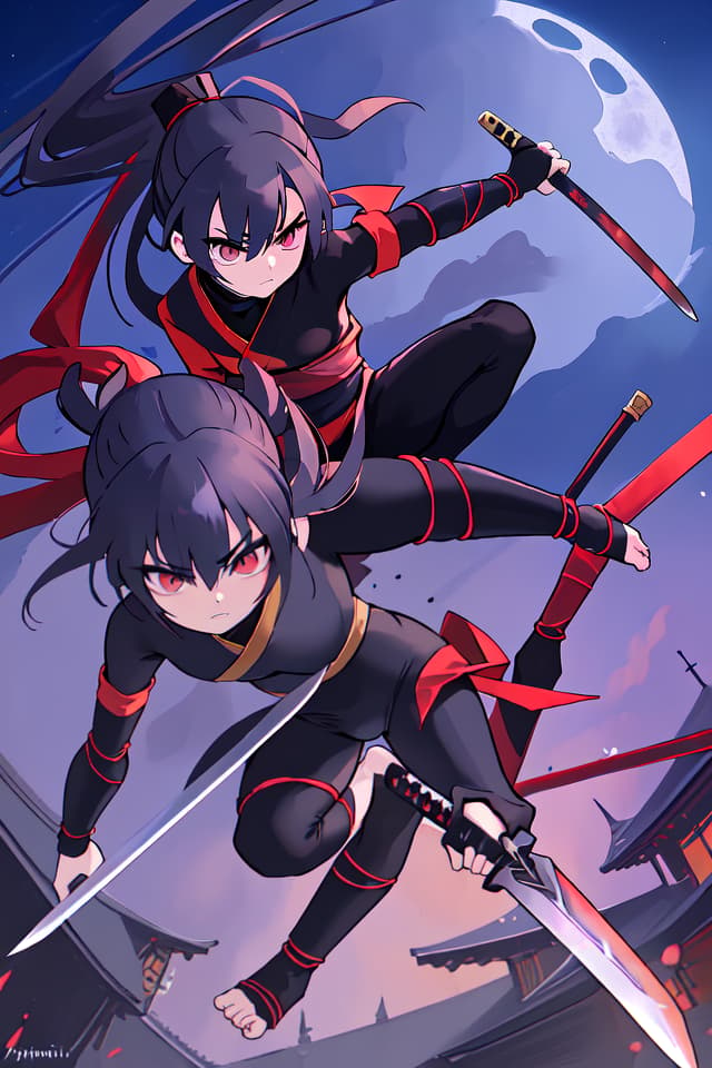  Ninja, acrobat, dynamism, high angle, acrobatic, ninjutsu, sword, tension, night, detail