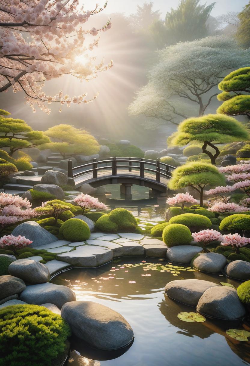  A peaceful, Japanese garden at dawn, with delicate cherry blossom trees in full bloom. Soft morning sunlight filters through the petals, casting a warm glow on the serene koi pond. Mist gently blankets the moss-covered stones, adding a sense of tranquility. hyperrealistic, full body, detailed clothing, highly detailed, cinematic lighting, stunningly beautiful, intricate, sharp focus, f/1. 8, 85mm, (centered image composition), (professionally color graded), ((bright soft diffused light)), volumetric fog, trending on instagram, trending on tumblr, HDR 4K, 8K