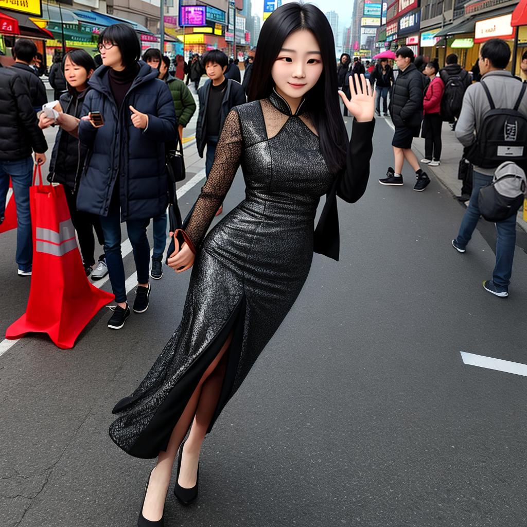  Masterpiece, best quality, a Asian , standing on a busy street, her dress is a three-point , with long , high resolution, bold and charming curves