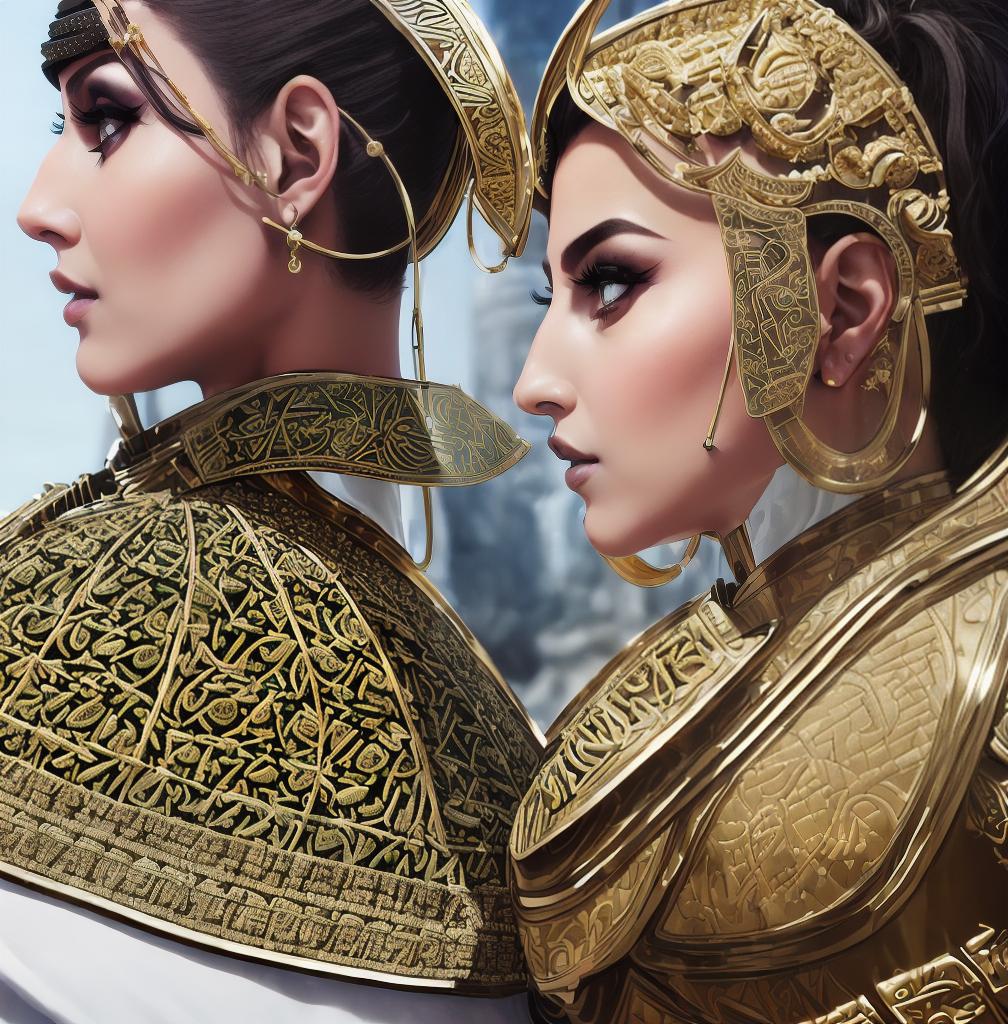  ((Side view:1.8)), ((masterpiece)),(((best quality))), ((futuristic empress, mature face, ((middle eastern eyes:1.4)), ((gold futuristic gown)), (((intricate futuristic breastplate))),