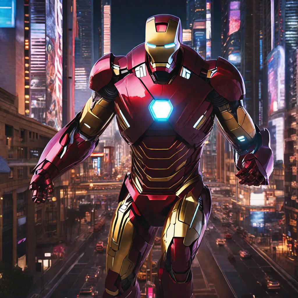  masterpiece, best quality, Best quality, masterpiece, 8k resolution, realistic, highly detailed, close up of Iron Man. In a cyberpunk-style night scene of the city, he stands on a street lined with tall buildings. The city's night lights are bright, The surrounding buildings and streets are filled with cyberpunk elements such as neon lights, high-tech devices, and futuristic architectural designs.