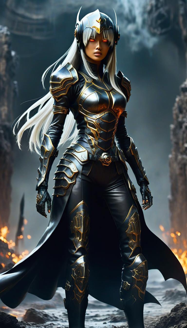  concept art ((details)), ((masterpiece)) ((best quality)), ((Great)), Spectacular, Amazing, Anime, <full body> demonic creature born in the abyss of hell, Short and beautiful girl ((full height)), with brown skin, long silver hair, stern gaze of golden eyes with vertical pupils, wears jet black open armor and a helmet, ankle boots, (holds a long spear in his hand), moonlight, Night glow, . digital artwork, illustrative, painterly, matte painting, highly detailed hyperrealistic, full body, detailed clothing, highly detailed, cinematic lighting, stunningly beautiful, intricate, sharp focus, f/1. 8, 85mm, (centered image composition), (professionally color graded), ((bright soft diffused light)), volumetric fog, trending on instagram, trending on tumblr, HDR 4K, 8K