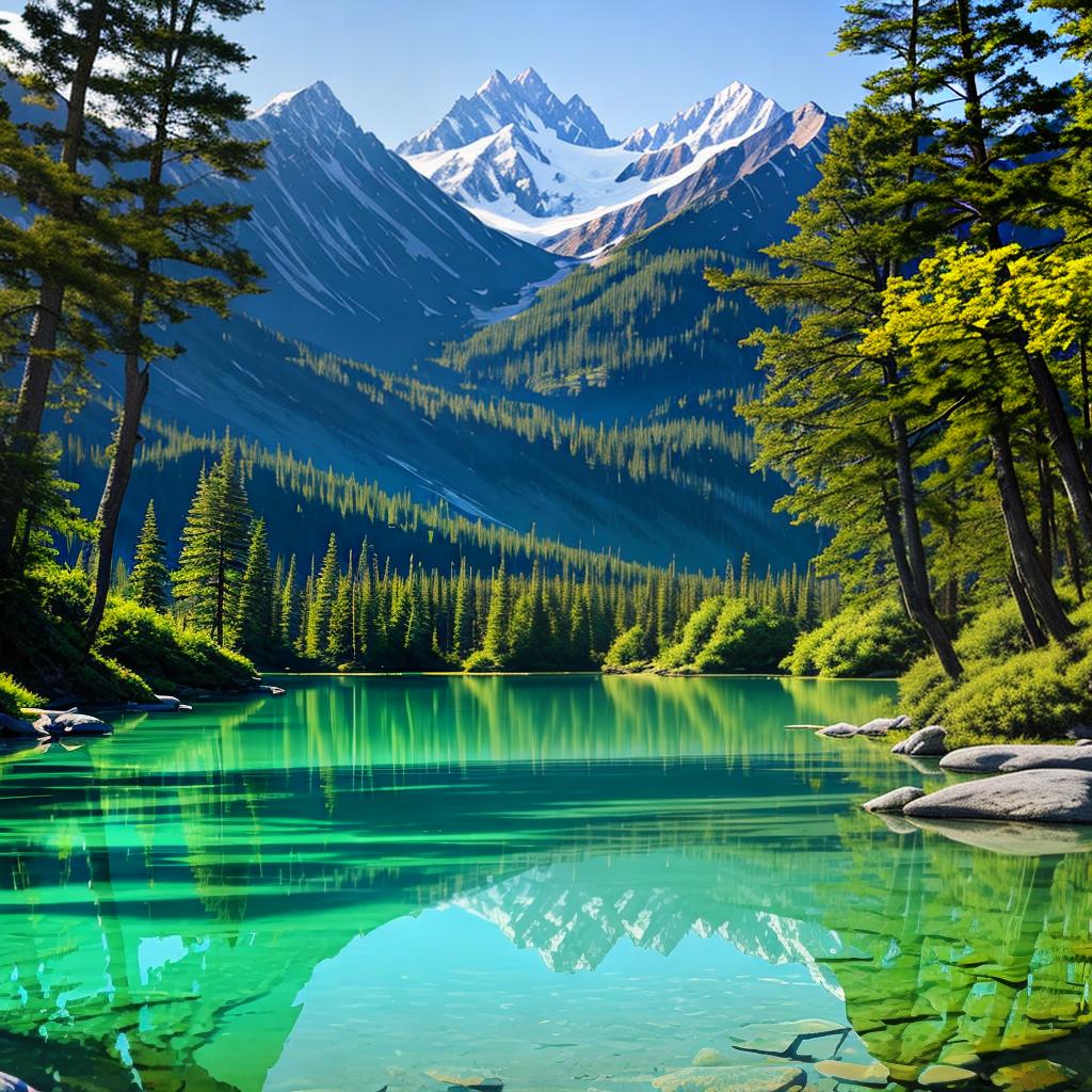  as a painting, Convey the serene majesty of towering mountains reflected in the crystal clear waters of a tranquil alpine lake, using your unique artistic vision to evoke a sense of awe and tranquility.