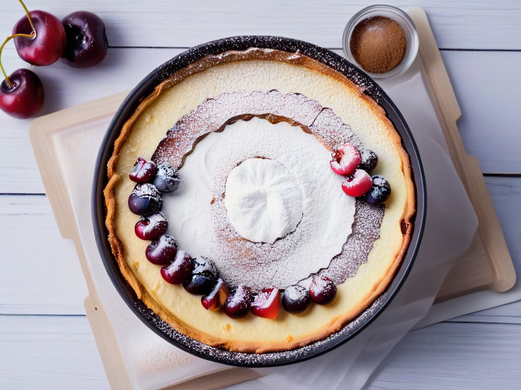  An ultradetailed, 8k image of a rustic wooden table showcasing the stepbystep process of making a delicious cherry clafoutis. The first step shows a bowl of fresh cherries being washed, the second step displays a handpitting the cherries, the third step exhibits a mixing bowl with flour and eggs being whisked together, and the final step presents a beautifully baked clafoutis fresh out of the oven, garnished with powdered sugar and fresh cherries on top. The image is captured in a minimalistic style, focusing on the ingredients and process with impeccable clarity and detail. hyperrealistic, full body, detailed clothing, highly detailed, cinematic lighting, stunningly beautiful, intricate, sharp focus, f/1. 8, 85mm, (centered image composition), (professionally color graded), ((bright soft diffused light)), volumetric fog, trending on instagram, trending on tumblr, HDR 4K, 8K