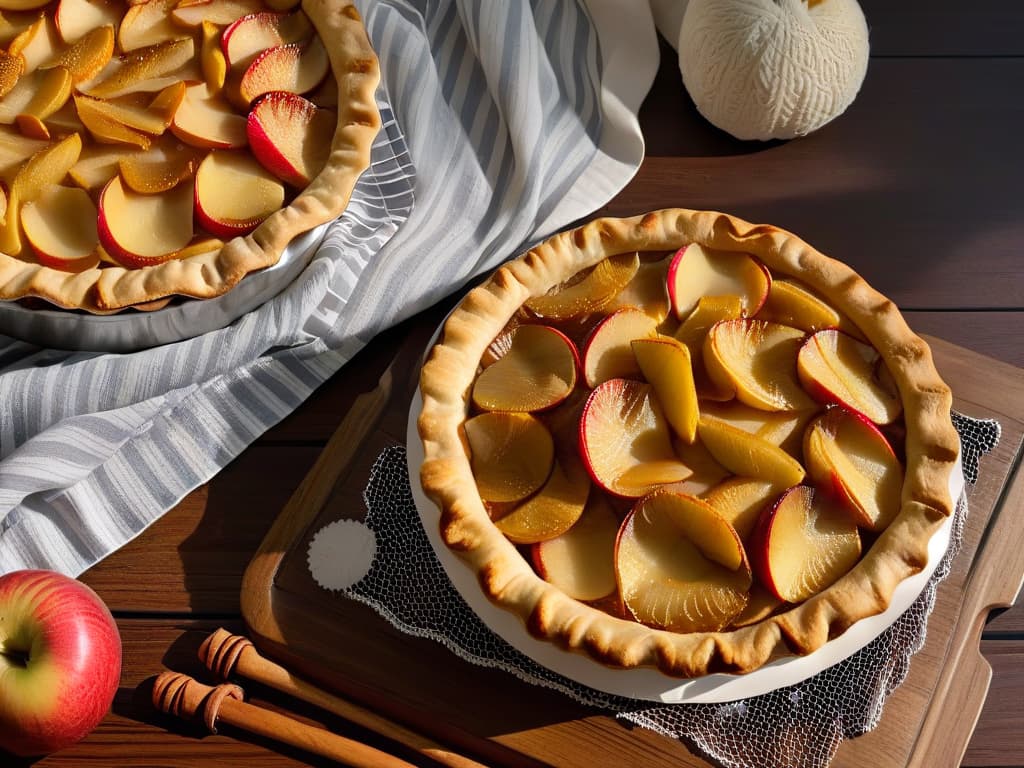  A minimalistic yet detailed closeup image of a goldenbrown apple pie fresh out of the oven, with steam gently rising from the perfectly flaky crust, showcasing the glistening caramelized apple slices peeking through the lattice crust, set on a rustic wooden tabletop with a scattering of cinnamon sticks and apple peels around it. hyperrealistic, full body, detailed clothing, highly detailed, cinematic lighting, stunningly beautiful, intricate, sharp focus, f/1. 8, 85mm, (centered image composition), (professionally color graded), ((bright soft diffused light)), volumetric fog, trending on instagram, trending on tumblr, HDR 4K, 8K