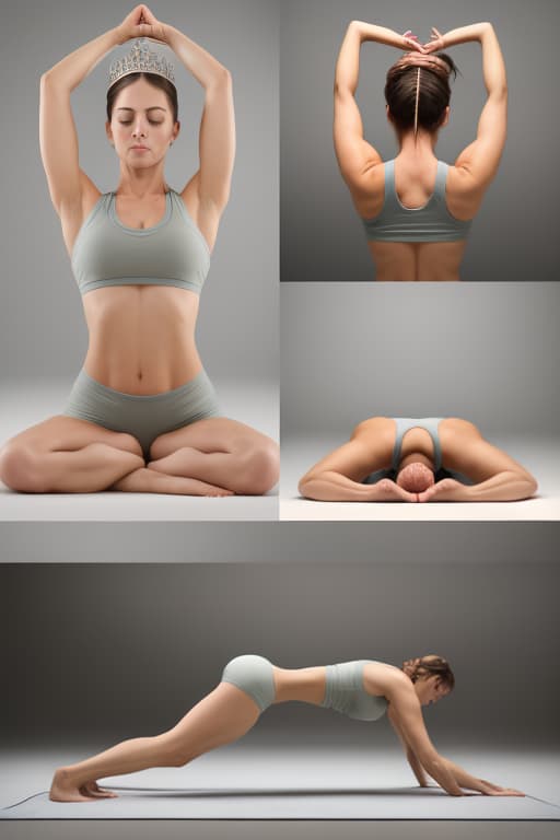  Create an image collage of an attractive woman performing the fish pose with the following information. Image one - Start by lying flat on your back with your legs extended and arms resting alongside your body. Image two - Bend your elbows and bring your hands under your buttocks, palms facing down. Image three- Press your forearms and elbows into the floor as you lift your upper body and arch your back, bringing the crown of your head to the floor.