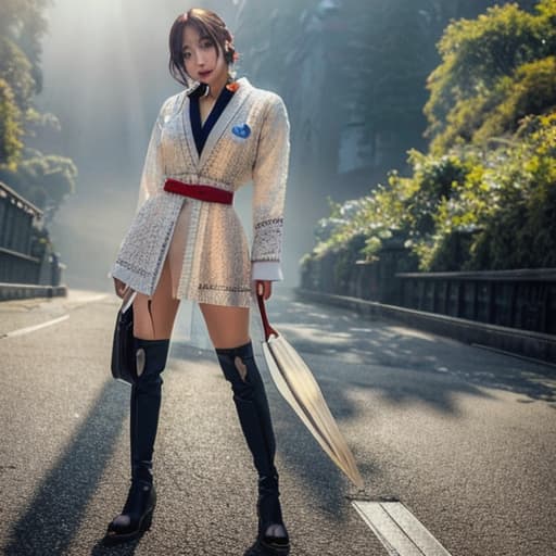  A beautiful Japanese girl hyperrealistic, full body, detailed clothing, highly detailed, cinematic lighting, stunningly beautiful, intricate, sharp focus, f/1. 8, 85mm, (centered image composition), (professionally color graded), ((bright soft diffused light)), volumetric fog, trending on instagram, trending on tumblr, HDR 4K, 8K