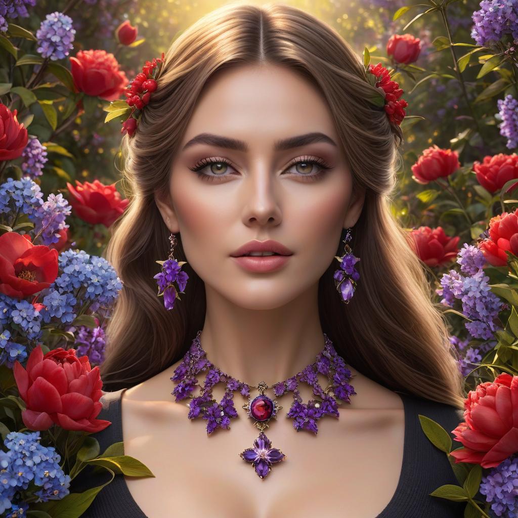  Amethyst in the shape of a star, necklace around the neck of a girl. ((Sparkling rim)): spring field, hyacinths, roses, rosehips, rose hips, peonies, cherry tree, yellow, red, black flowers, forget me nots. Neuschwanstein. hyperrealistic, full body, detailed clothing, highly detailed, cinematic lighting, stunningly beautiful, intricate, sharp focus, f/1. 8, 85mm, (centered image composition), (professionally color graded), ((bright soft diffused light)), volumetric fog, trending on instagram, trending on tumblr, HDR 4K, 8K