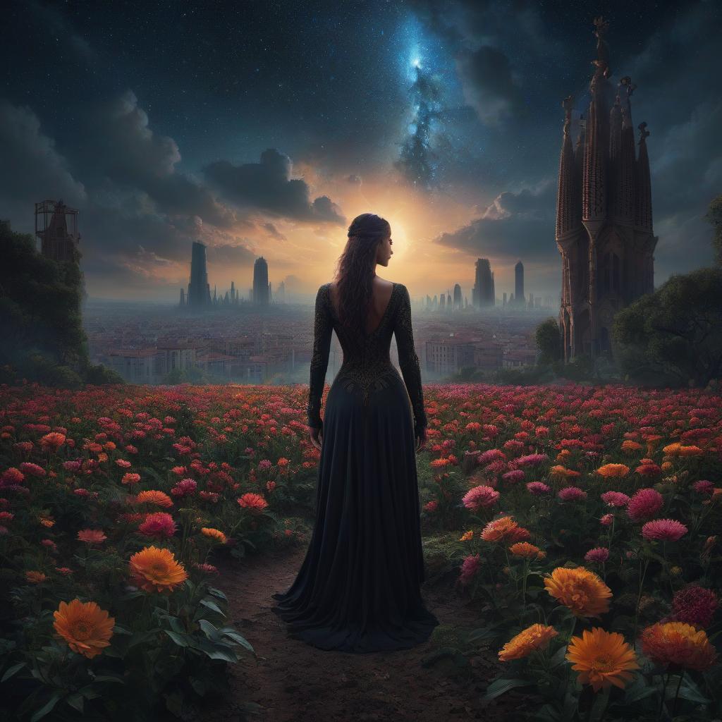  (stylized by Tomasz Alen Kopera:1.3) , dark art, dense flower field and Perseid meteor in background, landscape of a (Barcelona:1.2) , very Bizarre and 1600'S, Hurricane, Glitchcore, Amaro, layered textures, ornate, intricate artistic color, complimentary colors, very inspirational, atmosphere, fine artistic composition, sunny, theatrical hyperrealistic, full body, detailed clothing, highly detailed, cinematic lighting, stunningly beautiful, intricate, sharp focus, f/1. 8, 85mm, (centered image composition), (professionally color graded), ((bright soft diffused light)), volumetric fog, trending on instagram, trending on tumblr, HDR 4K, 8K