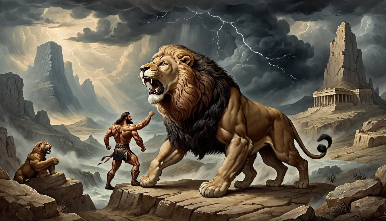  on parchment, surrealism+++, Hercules wrestling with the Nemean lion against a backdrop of stormy skies and rugged landscape, emblematic of the struggle and ultimate victory over personal trials. Hercules' trial, struggle with Nemean lion, rugged landscape, stormy backdrop, triumph over adversity(mysterious, provocative, symbolic,muted color)+++