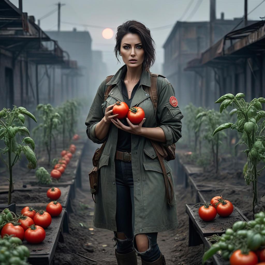  dystopian style A in her eats a tomato, post apocalypse. . bleak, post apocalyptic, somber, dramatic, highly detailed hyperrealistic, full body, detailed clothing, highly detailed, cinematic lighting, stunningly beautiful, intricate, sharp focus, f/1. 8, 85mm, (centered image composition), (professionally color graded), ((bright soft diffused light)), volumetric fog, trending on instagram, trending on tumblr, HDR 4K, 8K